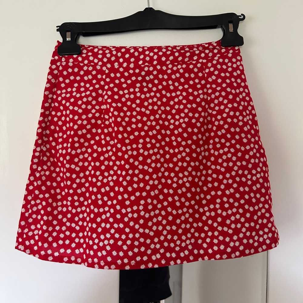 Red and white flowered Shein skirt size s